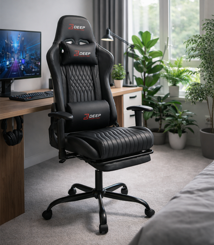 Ergonomiczny Obrotowy Fotel Gamingowy Czarny Z Podnóżkiem Fotel Biurowy