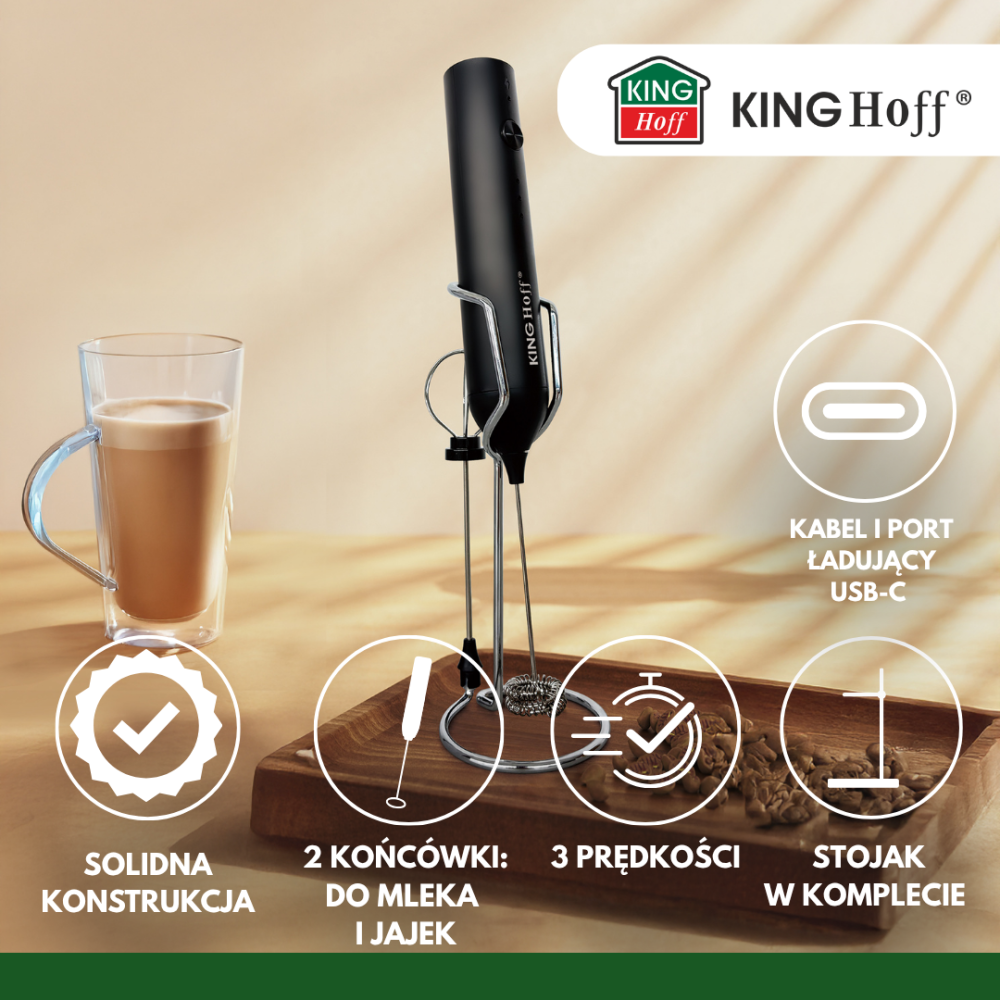 Spieniacz do mleka KINGHoff KH-2001 USB-C — 3 prędkości + stojak